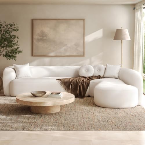 128" Cream White Chenille Upholstered Oversized Cloud Couch with Chaise for Living Room, Curved Corner Design, High-Density Foam, Deep Seating, No Assembly
