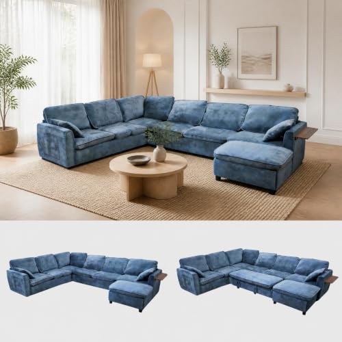116" Modular Sectional Couch, U Shaped 7 Seater Sofa with Pull Out Bed, Chenille Cloud Upholstery, Ottoman, Folding Side Table, USB Charging Stations, Grey