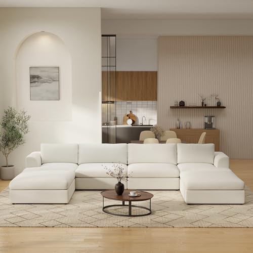 WJShome Modular Sectional Couches, V-Shaped Cloud Couch with Ottoman, High Density Sponge Cushion Sleeper Sofa Bed, Wooden Frame, Sherpa Fabric Sofa Furniture for Living Room, Apartment, White