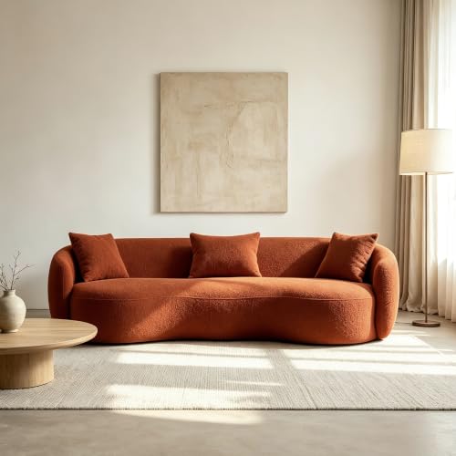 WILLIAMSPACE 93.6" Curved Sofa, Modern Upholstered Boucle Curved Couch with 3 Throw Pillows, 3-Seat Sofa Couch for Living Room, Apartment (Beige)