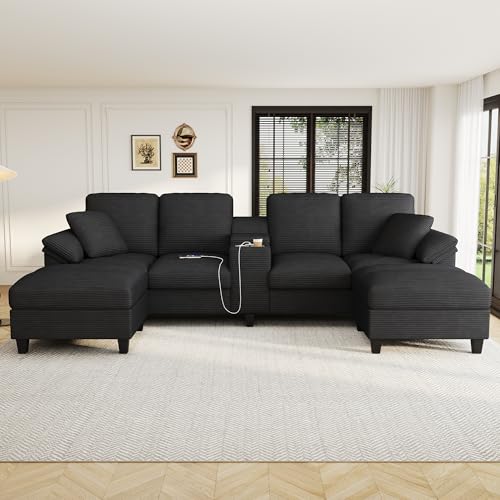 120.3" L-Shaped Sectional Sofa with Storage Ottoman, Oversized Comfy Couch with USB Port, Side Storage, Cup Holder & 360°Swivel Drop-Down Table, Sectional Couches for Living Room (Gray, 120.3")
