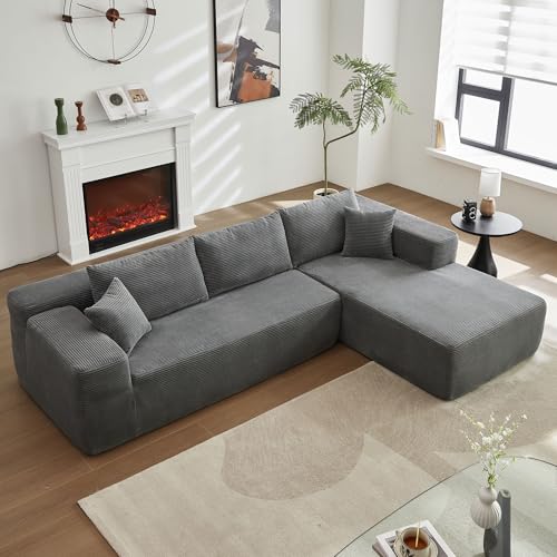 104" L-Shape Modular Sectional Sofa Couch,Comfy Upholstered Cloud Couch for Living Room,Modern Minimalist Couches,Deep Seat,No Assembly Required (Black,Plush Corduroy, Right Facing Chaise w/Ottoman)