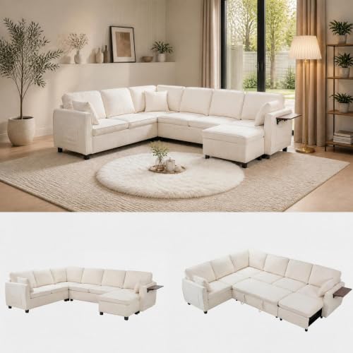 116" Modular Sectional Couch, U Shaped 7 Seater Sofa with Pull Out Bed, Chenille Cloud Upholstery, Ottoman, Folding Side Table, USB Charging Stations, Grey