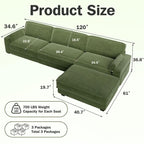 Vipbear 120" Modular Sectional L Shaped Sofa Couches for Living Room,3 Seat with 1 Movable Ottoman,Comfy Corduroy Sofa with USB Port,Side Pocket,Pillow,Green