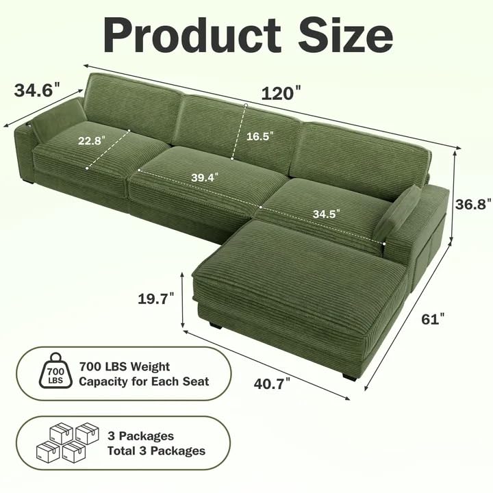 Vipbear 120" Modular Sectional L Shaped Sofa Couches for Living Room,3 Seat with 1 Movable Ottoman,Comfy Corduroy Sofa with USB Port,Side Pocket,Pillow,Green