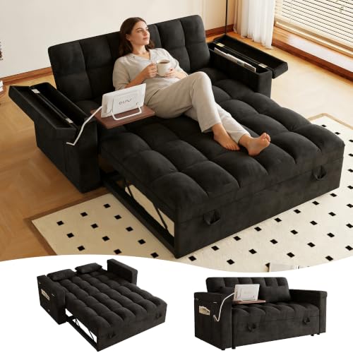 100" Convertible Sectional Sofa Bed, Pull Out Couch Bed with Storage Chaise, Table Board, USB Ports & Cup Holder, 7-Seater Modular Corduroy Sofa Bed, Reclining Sectional Couch for Living Room, Black