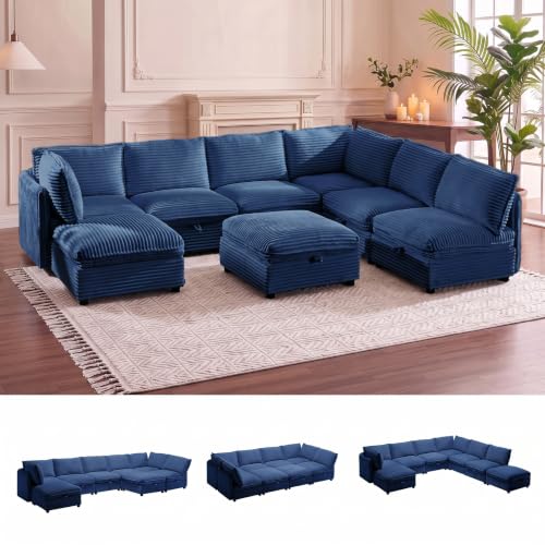 125" Modular Sectional Sofa with Under-Seat Storage, 6-Seater, White
