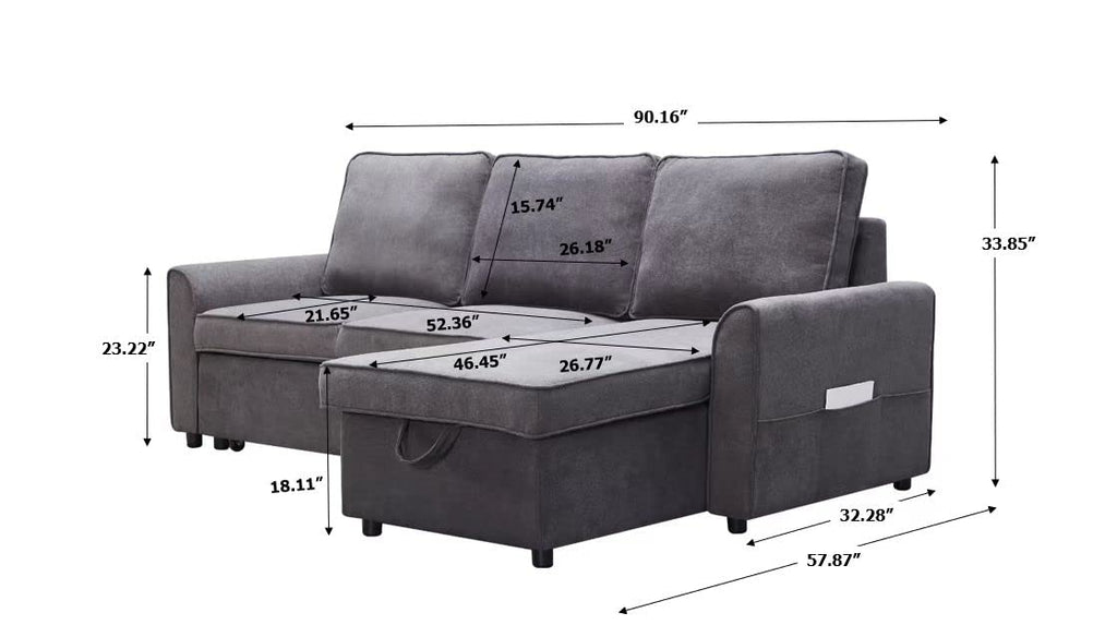 Tidyard MGEA Modern L-Shaped Sofa Bed with Chaise, Reversible Sectional with Pull-Out Bed & Storage, 4-Seater Linen Fabric Convertible Couch for Living Room, Dark Grey