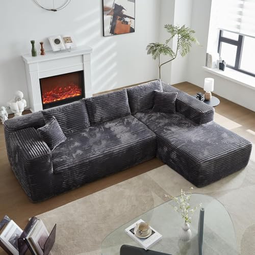 104" L-Shape Modular Sectional Sofa Couch,Comfy Upholstered Cloud Couch for Living Room,Modern Minimalist Couches,Deep Seat,No Assembly Required (Black,Plush Corduroy, Right Facing Chaise w/Ottoman)