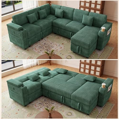 100'' Modular Sectional Sleeper Sofa, Reclining Corduroy Couch, Green