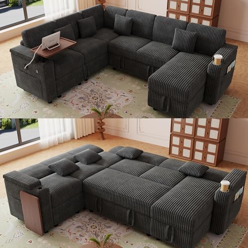 100'' Modular Sectional Sleeper Sofa, Reclining Corduroy Couch, Green