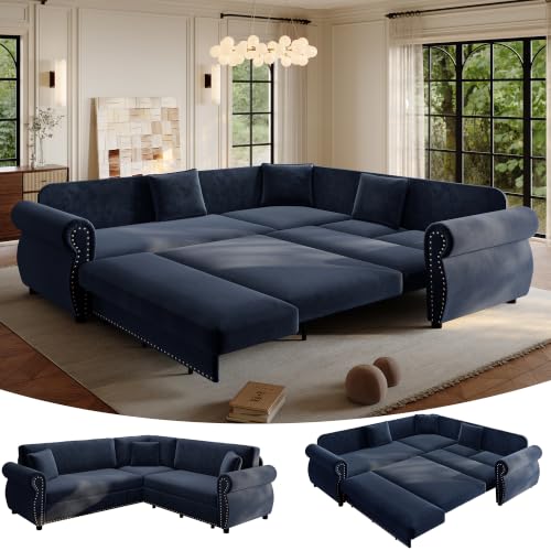 118" Oversized Sleeper Sofa with Pull Out Bed, Chenille L Shaped Convertible Sectional Sleeper Couch with Nailhead Trim & Rolled Arm, 6-Seater Couches for Living Room, Blue