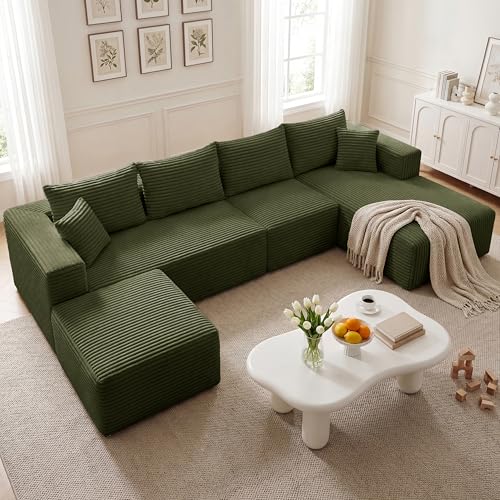 118'' U-Shaped Cloud Modular Sectional Sofa, Modern Corduroy Comfy 4-Seater Couch with 2 Ottomans, Upholstered Boneless Deep Seat Plush Sofa, No Assembly Needed, for Large Living Room, Grey