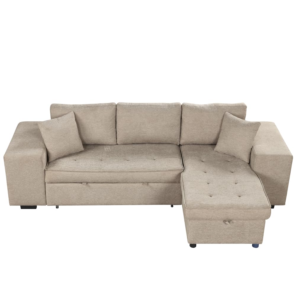 104.5 Inch Modern L-Shaped Reversible Sectional Sofa with Storage Chaise Lounge and Sleeper Bed Function for Living Room (Cream + Chenille + 3 Seat + Foam)