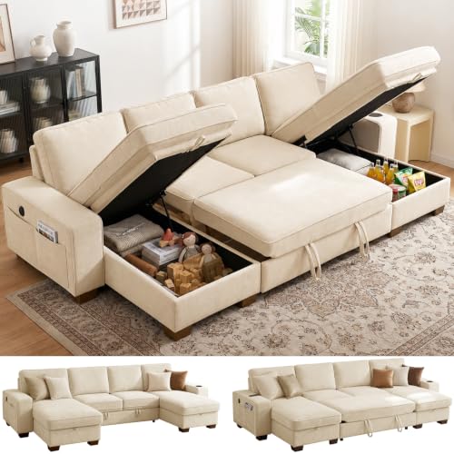 100" L-Shaped Sectional Sleeper Sofa Bed with Storage Chaise, Beige