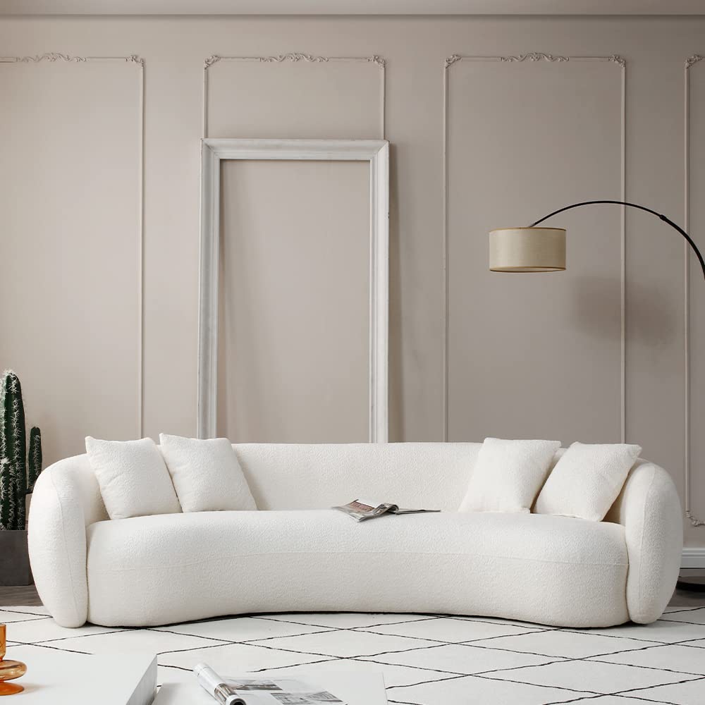 102'' 5-Seater Boucle Sofa Modern Sectional Half Moon Leisure Couch Curved Sofa Teddy Fleece Fabric (White)