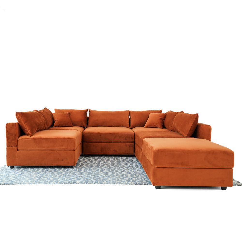 Velvet Modular Sofa in Burnt Orange, Sectional with L-Shape Design, Easy Assembly for Contemporary Homes
