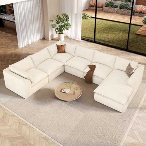Vesgantti 141.7" Boneless Sectional Sofa with Chaise, 7 Seater Couch, Beige