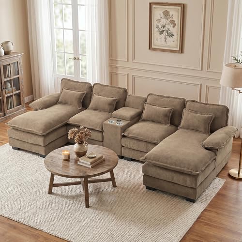 133" U Shaped Sectional Sofa with Double Chaise and Console, Grey