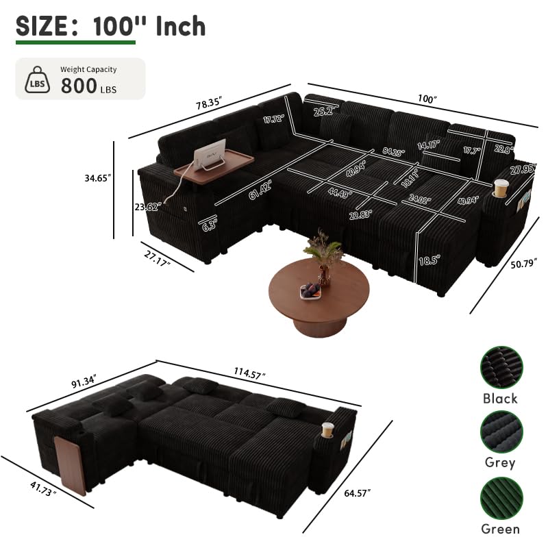 100'' Modular Sectional Sleeper Sofa, Reclining Corduroy Couch, Green