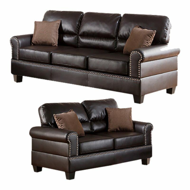 Tidyard Faux Leather 2-Piece Sofa Set with Loveseat, Contemporary Plush Couch for Living Room, Espresso Double Barrel Design, Includes Pillows