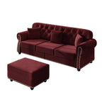 ZOEDO Upholstered Velvet Sofa with Nailhead Trim and Rolled Armrests,Mid-Century Modern Chesterfield Sofa with Button Tufted,Includes 1 Ottoman,Burgundy