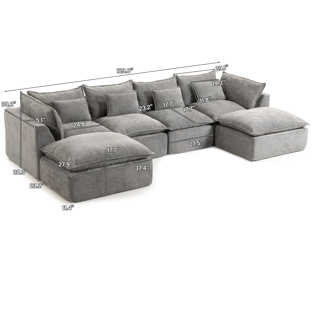 129.8" Width Cloud Couch Oversized Modular Sectional Sofa True Relax Comfy Couches Wide Deep Seat Sofas for Living Room Furniture Sets, Waffle Fabric,4Seat with 2Ottoman