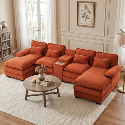 133" U Shaped Sectional Sofa with Double Chaise and Console, Grey
