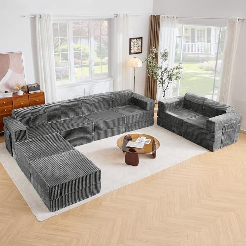 Tbfit Modular L Shaped Sectional Boneless Couch, Convertible Futon Sofa Bed, Corduroy Cloud Mattress Sleeper Sofa, Comfy Folding Upholstered Floor Couches for Living Room, Bedroom, Beige