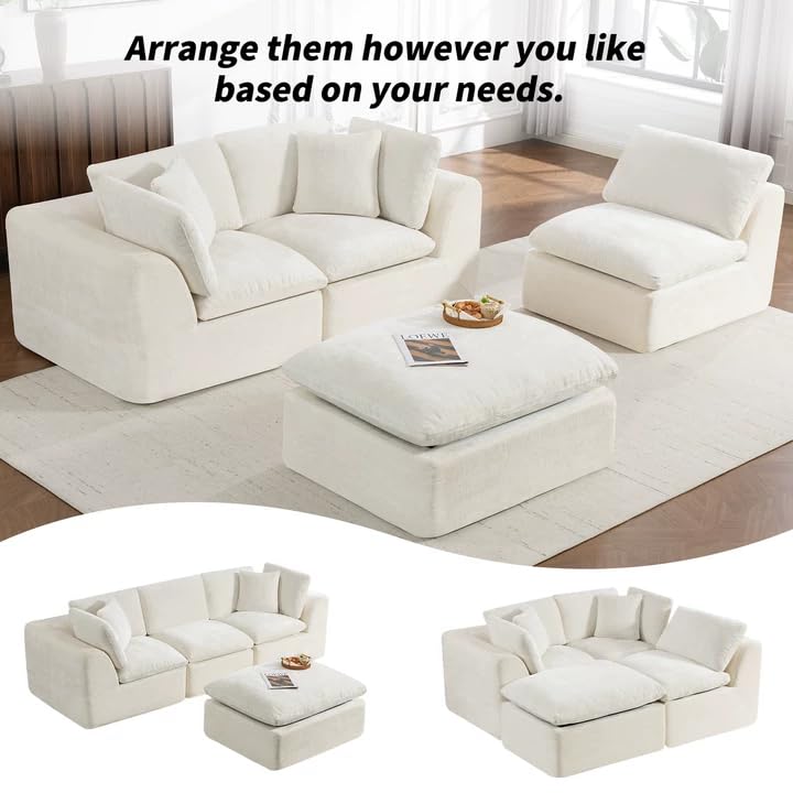110" Beige Boneless Sectional Couch with Ottoman