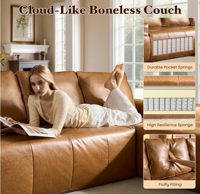 114" Faux Leather L-Shaped Couch, Boneless Couch for Living Room
