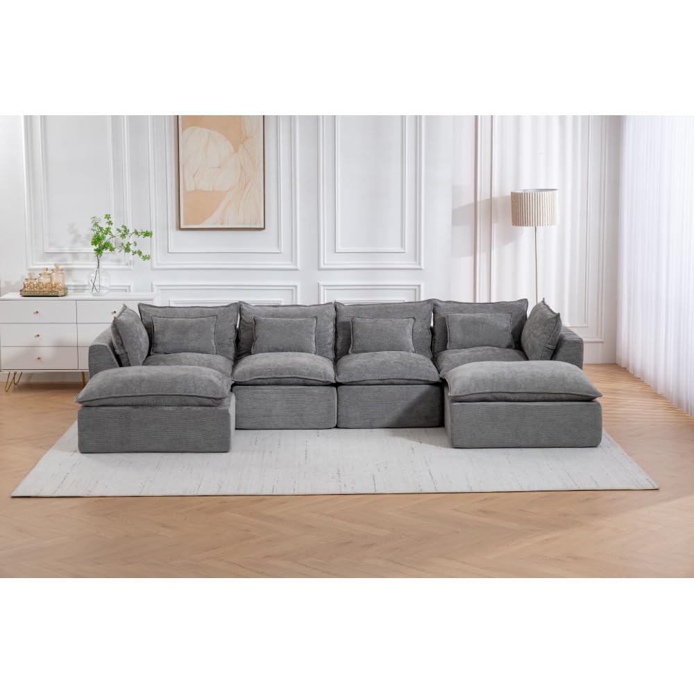 129.8" Width Cloud Couch Oversized Modular Sectional Sofa True Relax Comfy Couches Wide Deep Seat Sofas for Living Room Furniture Sets, Waffle Fabric,4Seat with 2Ottoman