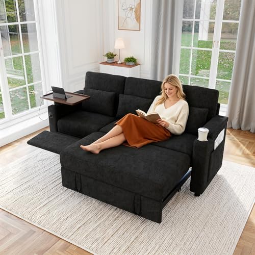 100" Modular Sectional Sleeper Sofa with Pull Out Bed, 7 Seat Corduroy U Shaped Couch with Storage Chaise|6-Position Backrest|Side Table|USB Port, Dark Grey Sectional Couches for Living Room