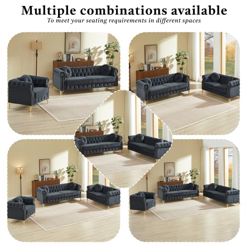 Velvet Chesterfield Modular Sectional Sofa, 6-Seat Tufted Couch with Copper Studs & Metal Legs, Black Furniture for Lobby, Living Room, or Reception Area (1+2+3 Seating)
