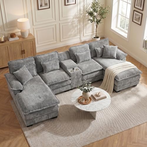 133" U Shaped Sectional Sofa with Double Chaise and Console, Grey