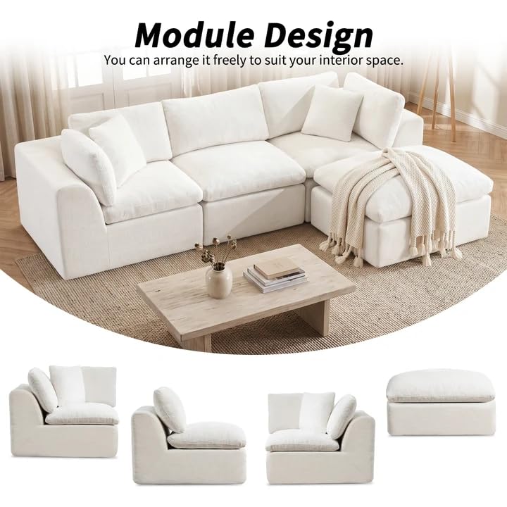 110" Beige Boneless Sectional Couch with Ottoman