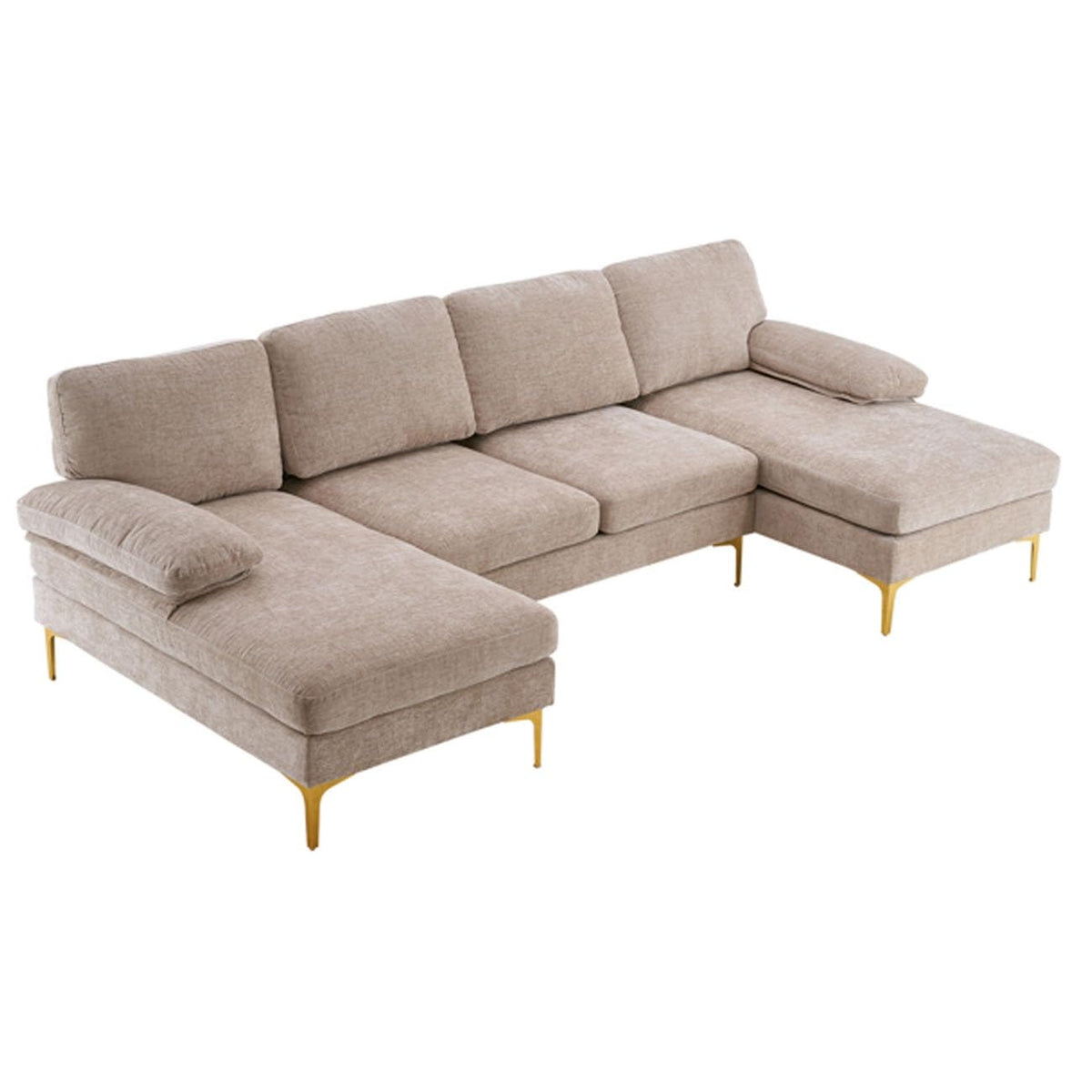 U-Shaped 4-Seat Reversible Sectional Sofa with Oversized Chaise, High-End Chenille Fabric & Gold-Plated Legs, 280x130x85cm Small Space Couch (Camel)