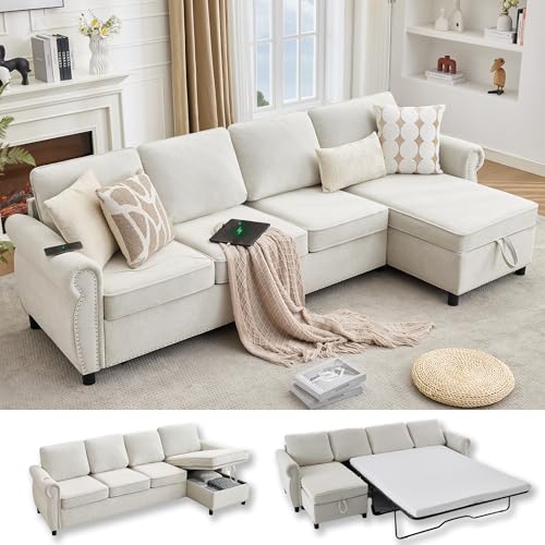 106.5'' Sectional Sleeper Sofa Bed, Flannel Pull Out Couch Mattress, Green