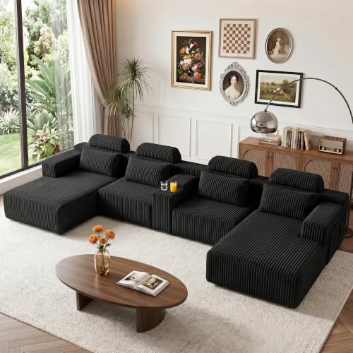 134 inch Modular Sectional Sofa for Living Room, Oversized U-Shaped Cloud Couch with Deep Seat, 5-Seat Boneless Couch with 2 Storage Pockets & 2 Cup Holders, No Assembly Required (Black)
