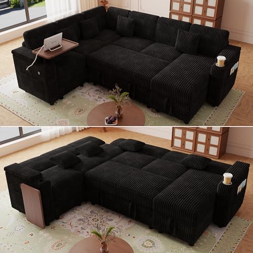 100'' Modular Sectional Sleeper Sofa, Reclining Corduroy Couch, Green