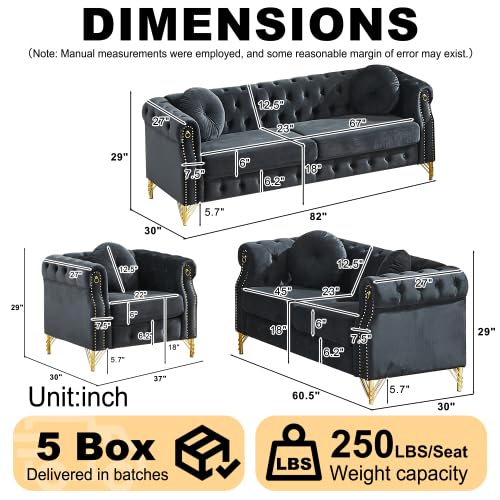 Velvet Chesterfield Modular Sectional Sofa, 6-Seat Tufted Couch with Copper Studs & Metal Legs, Black Furniture for Lobby, Living Room, or Reception Area (1+2+3 Seating)