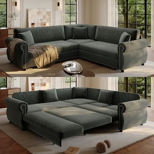 118" Sleeper Sofa Bed, Sectional Couches for Living Room/Apartment, Chenille L Shaped Couch with Pull Out Couch Bed, Convertible Sectional Sofa with Rolled Arm & Nailhead Trim, Green
