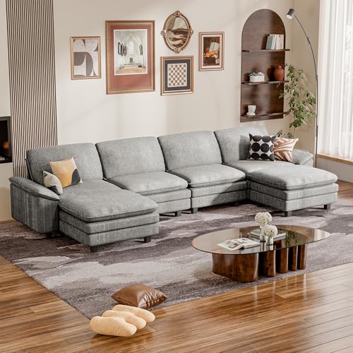 YESHOMY 4-Seat Linear Cloud Modular Sofa, Deep Seat Couch with Ottoman