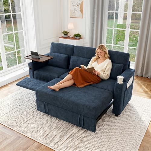 100" Modular Sectional Sleeper Sofa with Pull Out Bed, 7 Seat Corduroy U Shaped Couch with Storage Chaise|6-Position Backrest|Side Table|USB Port, Dark Grey Sectional Couches for Living Room