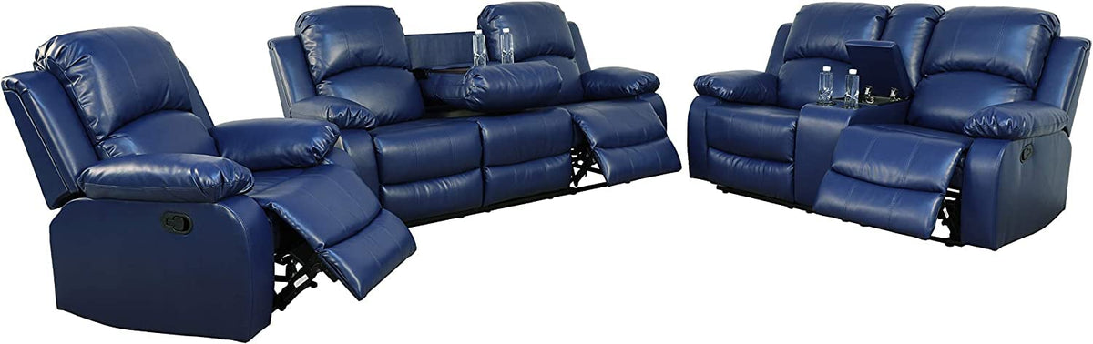 Bonded Leather Living Room Furniture Set Reclining Sofa Set Loveseat Furniture Sets in Living Room Sofa Recliners (3 Pieces, Blue Microfiber)