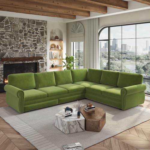 118" Sleeper Sofa Bed, Sectional Couches for Living Room/Apartment, Chenille L Shaped Couch with Pull Out Couch Bed, Convertible Sectional Sofa with Rolled Arm & Nailhead Trim, Green