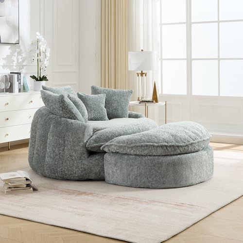 Wrofly 81.1" W Oversized Round Chaise Lounge, Fluffy Lazy Bean Bag Sofa with 14 Pillows, Comfy Chenille Upholstered Barrel Sleeper Bed, Modern Deep Seat Cloud Couch for Living Room, Emerald