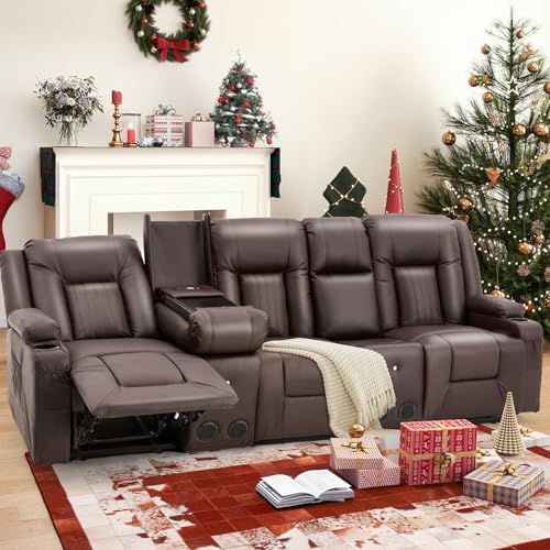 YODOLLA Reclining Loveseat Sofa with Dual Center Console, 4 Cup Holders, 2 Side Pockets, Manual Wall Hugger Recliner Couch for RV and Living Room, Faux Leather Brown