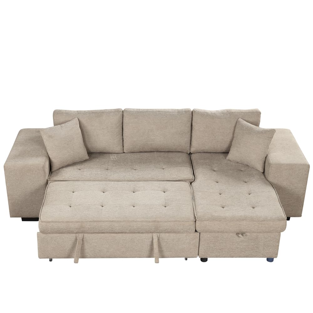 104.5 Inch Modern L-Shaped Reversible Sectional Sofa with Storage Chaise Lounge and Sleeper Bed Function for Living Room (Cream + Chenille + 3 Seat + Foam)