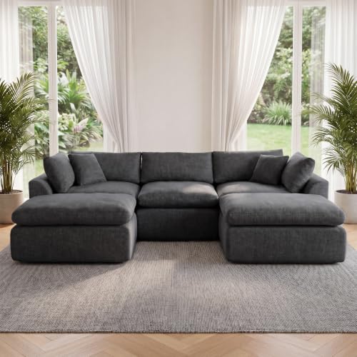 111" Boneless Sectional Couches for Living Room, 5 Seater Deep Seated U Shaped Cloud Couch with Ottomans, Chenille Compressed Modular Cloud Sofa Couch in a Box, No Assembly Required, Grey